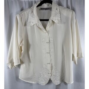 Christine Gerard Vintage Scalloped Blouse Size 14 Embroidered Pearl Button Up‎